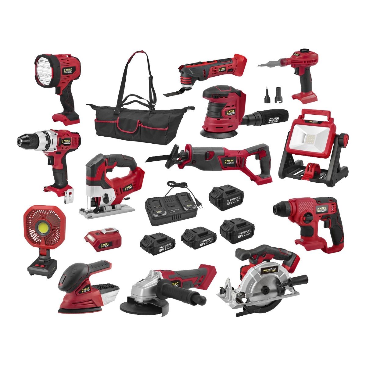 Megapakke med 20 deler fra Meec Tools Multiseries 18 V-serien til leie i Frogner